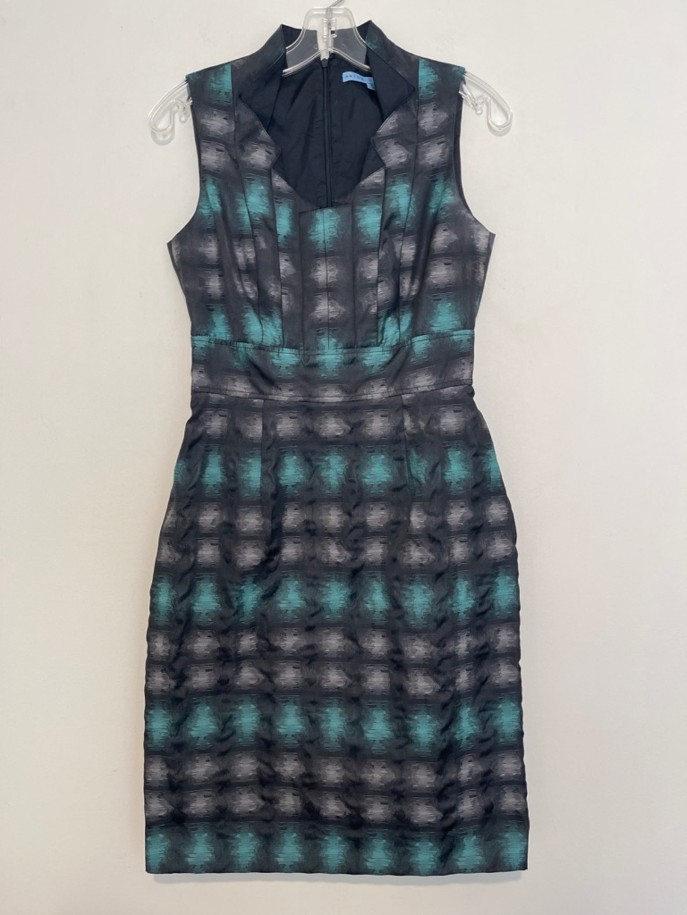 ANTONIO MELANI Teal and Black Patterned Midi Sheath Dress